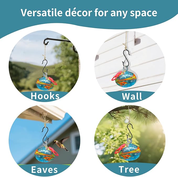 Pozfun Small Hummingbird Feeders for Outdoors Hanging,Hand-Blown Glass Hummingbird Feeder with Silicone Feeding Perch,Never Leak,Gardening Gifts for Woman Man(Blue)