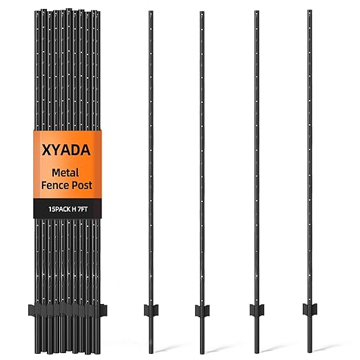 Metal Fence Post 7feet, Heavy Duty Garden Fence Post for Holding Wire Fence, Sign U Post Pack of 15 Sturdy Outdoor No Dig Fence Post for Garden Yard – Black