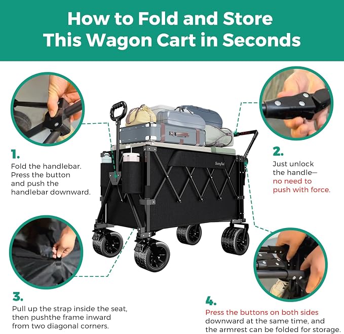 SUNNYFEEL 550LBS Collapsible Wagon Cart - Heavy Duty Push Pull Foldable Wagon with Dual Handles and Big Wheel,Utility Cart with Rear Tailgate for Camping, Fishing, Gardening, Shopping, Black