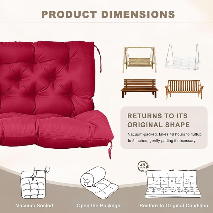 Porch Swing Cushion with Backrest,Waterproof Bench Cushion for Outdoor Furniture,2-3 Seater Replacement Thickened Swing Cushion with Ties,Patio,Outdoor,Backyard and Garden (Wine Red,40x40)