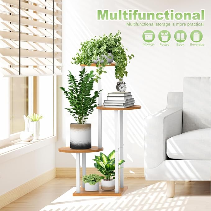 4 Tier Wood Tall Plant Stand Metal Rack Indoor, Multiple Flower Pot Holder Shelves Corner Rack, Round Planter Shelf Display Rack Storage Organizer for Patio Living Room Balcony(White+Wooden)