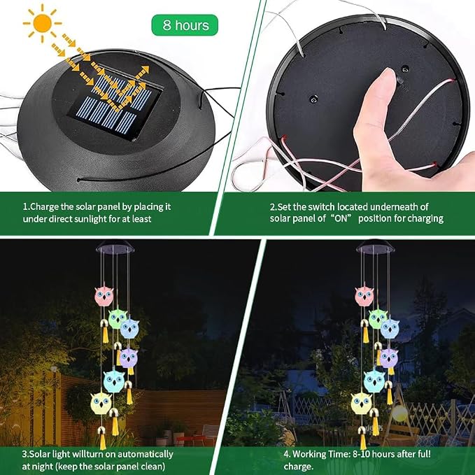 Cute Solar Owl Wind Chime Decorative Light，Animal Wind Chimes with Bells， A Gift for Friends with Movable LED Colorful Outdoor Decorative Lights.