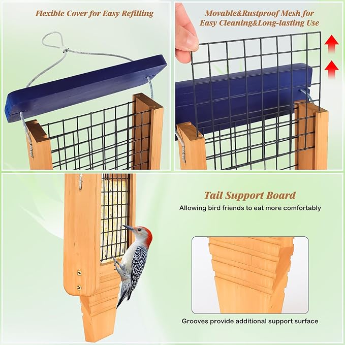 Gbekery Wooden Suet Bird Feeder for Outside Hanging, Woodpecker Suet Feeder with Tail Prop, Hanging Bird Feeder for Wild Birds, 1 Pack, Blue