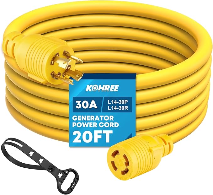 Kohree 30 Amp Generator Extension Cord 4 Prong 20FT, Nema L14-30P/L14-30R Generator Cord, 125/250V 7500W 10 Gauge Heavy Duty Generator Power Locking Cord for Manual Transfer Switch, Power Outage 20FT