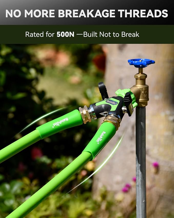 RAINPOINT Garden Hose Splitter 2 Way, All Metal Heavy Duty Water Hose Y Splitter With 2.05" Extra Long Side Handle & Shut Off Valves, 3/4 Inch GHT Thread Connector For Outdoor Spigot Faucet (Green,2)