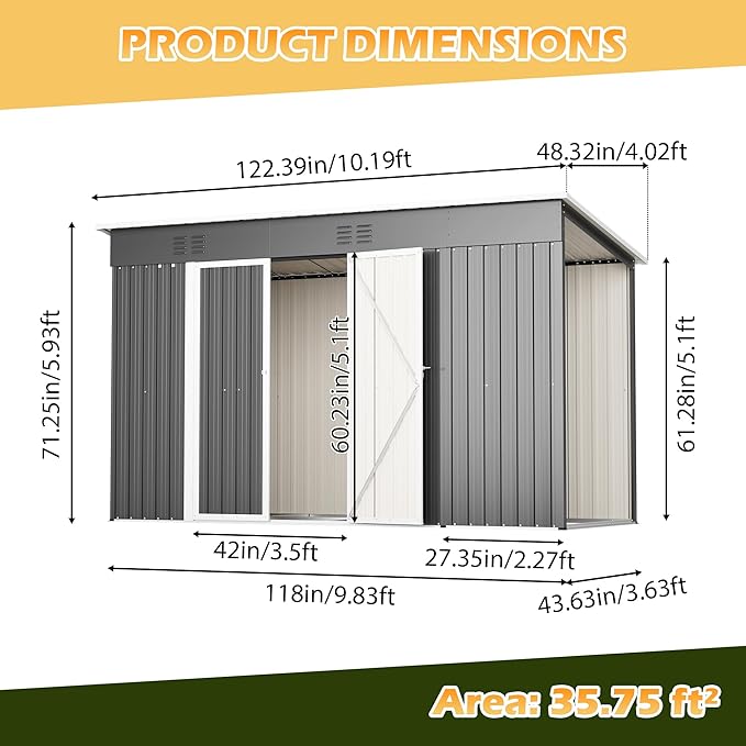 KEIKI Storage Shed 10x4 FT, Large Metal Tool Shed with Woodshed for Outdoor Storage, Galvanized Steel Garden Shed with Lockable Doors for Patio, Backyard, Lawn, Grey