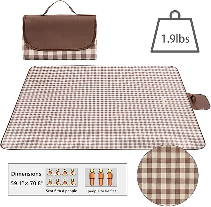 Wind Tour Waterproof Picnic Blanket with Carry Strap - Foldable Sandproof Outdoor Mat for Camping, Beach, Park - 59" x 71",Coffee Grid (Single Mat)