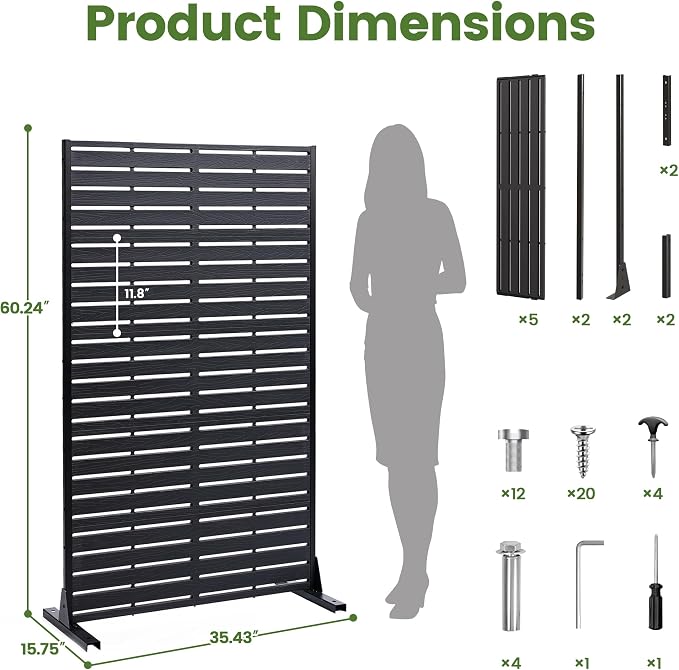 Outdoor Privacy Screen 60" H HDPE Decorative Panel Freestanding Privacy Fence with Stand, Privacy Screens with Louvered 5 Panels, Weather-Resistant Panel Fence for Patio, Balcony, Pool, Black