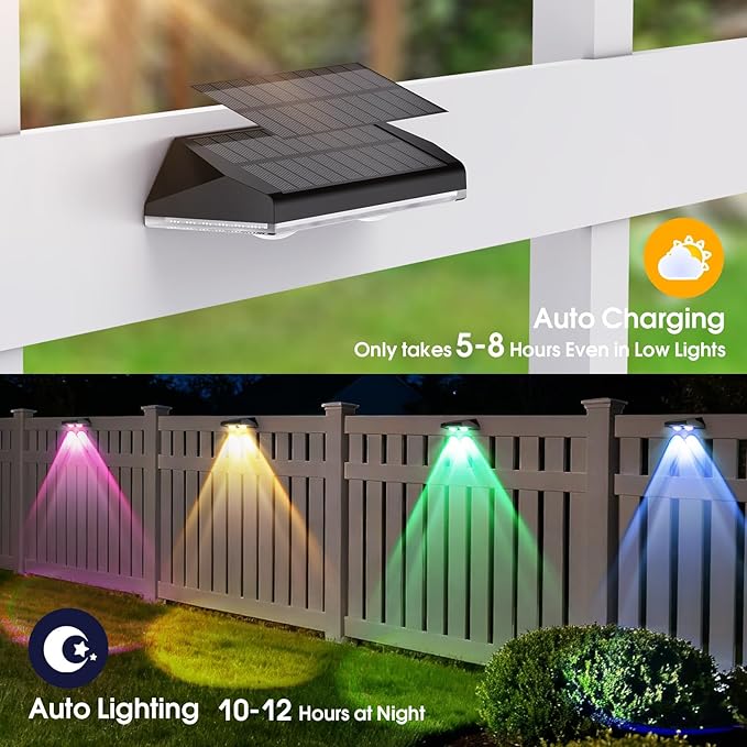 AUDLES Solar Fence Lights Outdoor, 8 Modes Warm & RGB 6 Color Fence Lights Solar Powered for Outside, IP65 Waterproof, 60 Lumens Solar Light for Step, Pathway, Garden, Deck, Stairs - 8 Pack
