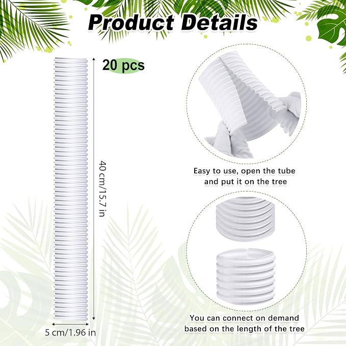 Nuenen 20 Pcs Corrugated Tree Guards, Long 15.75 Inch Diameter 1.96 Inch Pp Tree Trunk Protectors, Tree Bark Protector Tube Wraps for Saplings Plants Seedlings Deer Rabbit Cats Rodents Mowers (White)