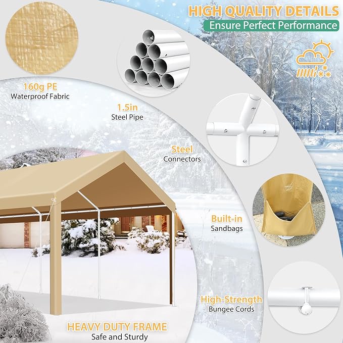 COBIZI Carport 10x20ft Heavy Duty Portable Garage, 2.0 Powder Coated Frame(Better Than Galvanized), Waterproof Shelter with Removable Sidewalls & Windows, Built-in Sandbags, for Car/Boat/SUV, Khaki