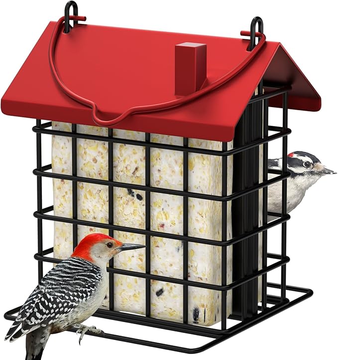 Gbekery All-Metal Double Suet Bird Feeder for Outdoors Hanging, Suet Cake Cage Holder with Weather-Resistant Roof & Perch for Outside Garden, Red