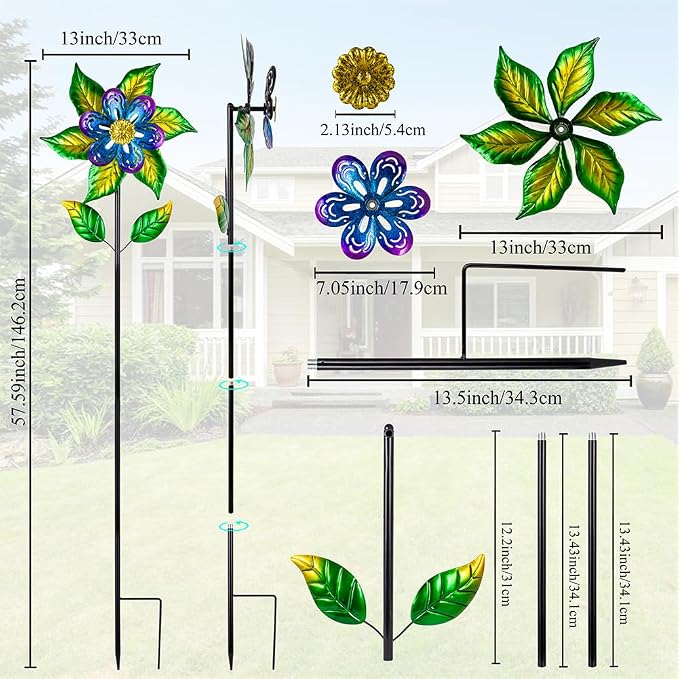 Wind Spinners Outdoor,13'' Dia Metal Flower Pinwheels,Waterproof Wind Sculpture with Metal Stake,Wind Spinner for Outdoor Patio Decor