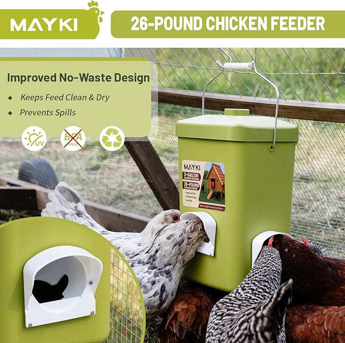MAYKI Chicken Feeder and Waterer Set, 3 Gallon/26 LB No Waste Poultry Feeding System with Hanging Option, Automatic Coop Accessories for 10 Hens, Upgraded Feeder Port Water Cup, BPA-Free Winter Design