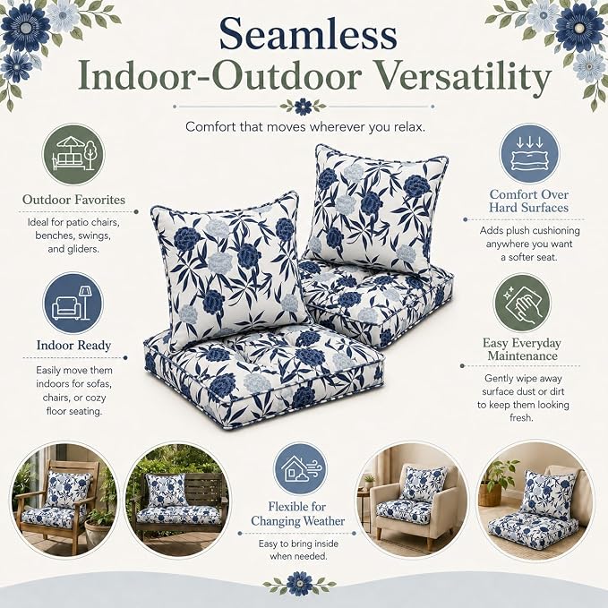 22x22 Waterproof Outdoor Chair Cushions Set of 2, Patio Cushions for Outdoor Furniture Water-Resistant & Fade-Resistant, Deep Seat & Back Cushion for Wicker Sofa (Blue Entrantress)