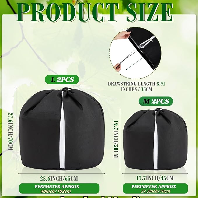 Windyun 4 Pack Plant Winter Protection Pot, 2 PCS 19.7" x 17.7" and 2 PCS 25.6" x 27.6" Flower Pot Protection Bags Cold Weather Plant Cover for Winter Outdoor Fruit Trees Potted(Black)