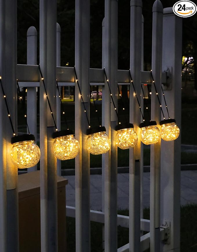 PARTPHONER Solar Lights Outdoor Waterproof 24-Pack, Solar Powered Hanging Lantern Cracked Glass Hanging Globes for Yard Decor Christmas Decoration, Shepherd Hook, Garden Tree Table Ornaments, Warm