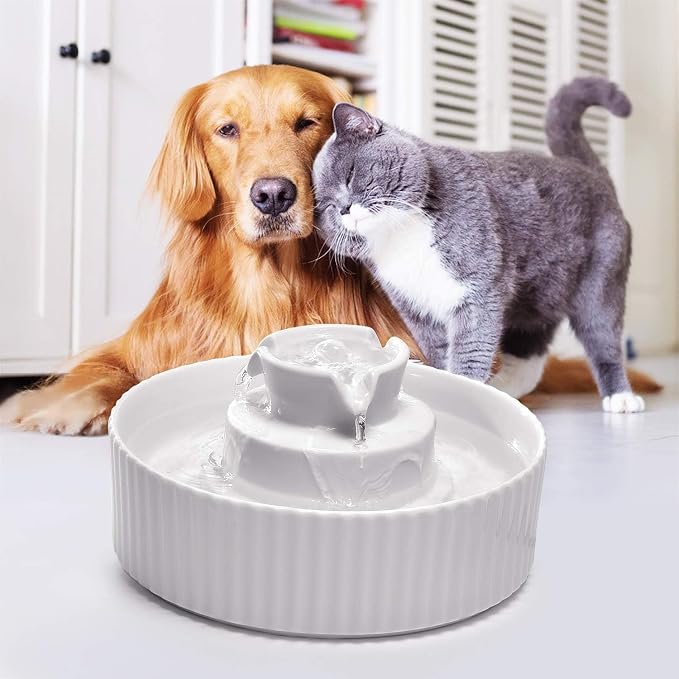 2.1L Ceramic Cat Water Fountain for Cats and Dogs-360° Ceramic Pet Fountain-70 Oz Large Water Capacity- Whisper-Quiet Water Flow-Great for Shy or Timid Pets- Fresh-Filtered Water