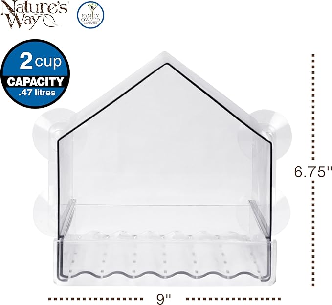 Nature’s Way Crystal Window Seed Feeder with 4 Secure Suction Cup Mount, Clear 2-Cup Capacity Hanging Bird Feeder for Close-Up Viewing, 6.5"