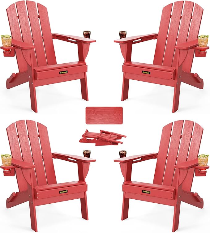 Folding Adirondack Chair Set of 4, Wooden Textured Plastic Adirondack Chairs with 2 Cup Holder, Weather Resistant HDPE Fire Pit Chair, Outdoor Patio Chairs for Garden, Backyard, Lawn, Deck, Red
