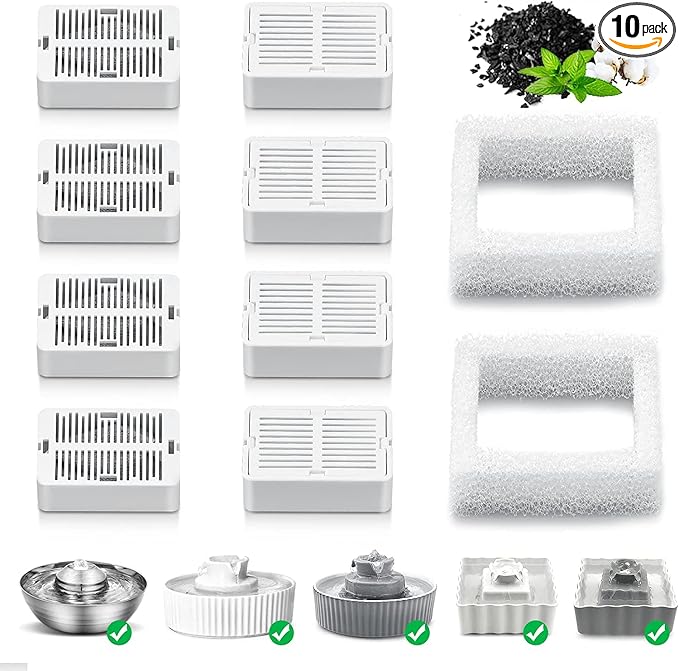 Replacement Carbon Filters for Cepheus 360 Oasisic Ceramic Pet Fountain/iPettie Cupcake/Wonder Creature Aurora and Cup Cake Pet Fountain Including 8 Carbon Filters +2 Foam Filters (10 Pack)