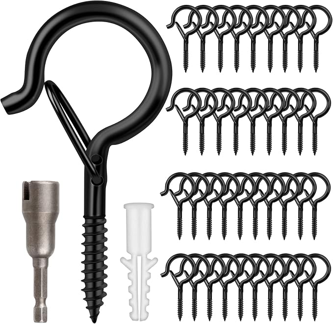 FSAH 50 Pack Screw-in Hooks for Outdoor String Lights, Q Hangers Light Outside, Swivel Hanging Basket Patio with Safe Buckle Screw in Planter Eye Hook Wall Ceiling, Black