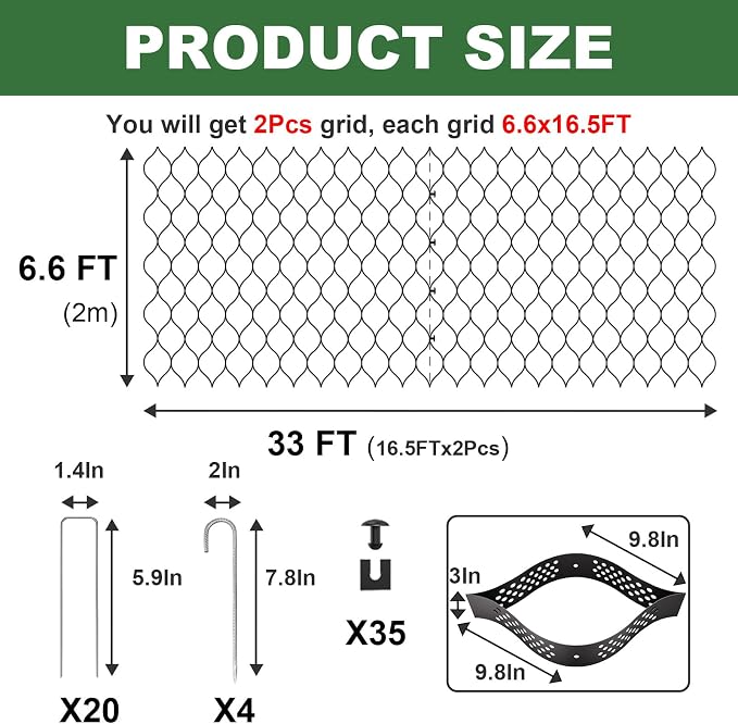 Gravel Grid 3'' Depth with Metal Stakes, 6.6x33 FT Geogrid for Gravel Driveway 2200 lbs per Sq FT Erosion Control Ground Grid Gravel Stabilizer Grid for Driveway, Parking Lot, Slope, Walkway, Patio