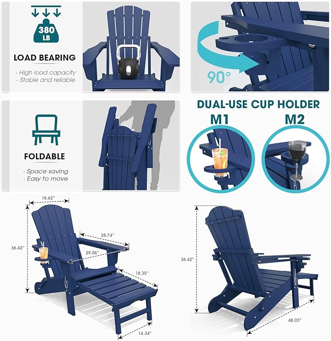 THOEOE Folding Adjustable Adirondack Chairs with Ottoman & 1 Cup Holders Set of 2, HDEP Multifunctional Adirondack Chair with Footrest,Navy Blue