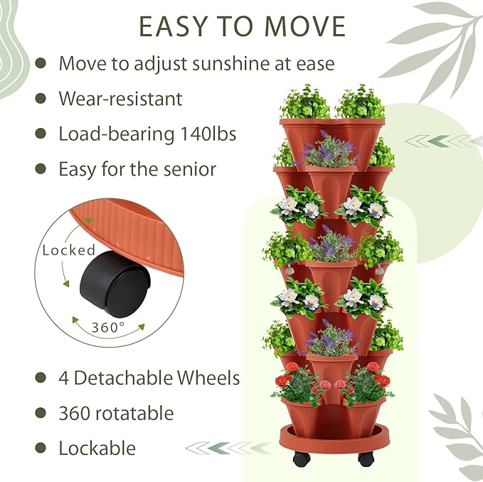 Umigy 1 Set Brick Red 7 Tier Vertical Planter Stackable Tower Planters Strawberry Herb Flower and Vegetable Pots Indoor Outdoor Gardening Pots with Removable Wheels and Tools