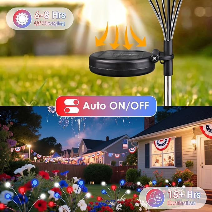 OZS 4pack Solar American Flag Lights - 4th of July Solar Garden Outdoor Waterproof Firefly Light for Memory Day, Independence Day, National Day Decoration (Red White Blue)
