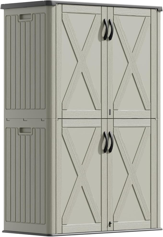 Devoko 50 cu.ft Outdoor Storage Cabinet - Vertical Resin Storage Shed - Holds Patio Furniture, Pool Toys, Garden Tools (Beige) Shelf Not Included