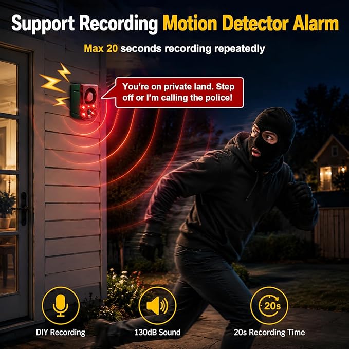 ChunHee Solar Outdoor Motion Sensor Alarm with Dog Barking Gunshot Sound, Support Recording and Adjustable Volume, 130db Loud Noise Maker 3 Work Modes Strobe Light for Home, Villa, Farm, Barn (6pack)