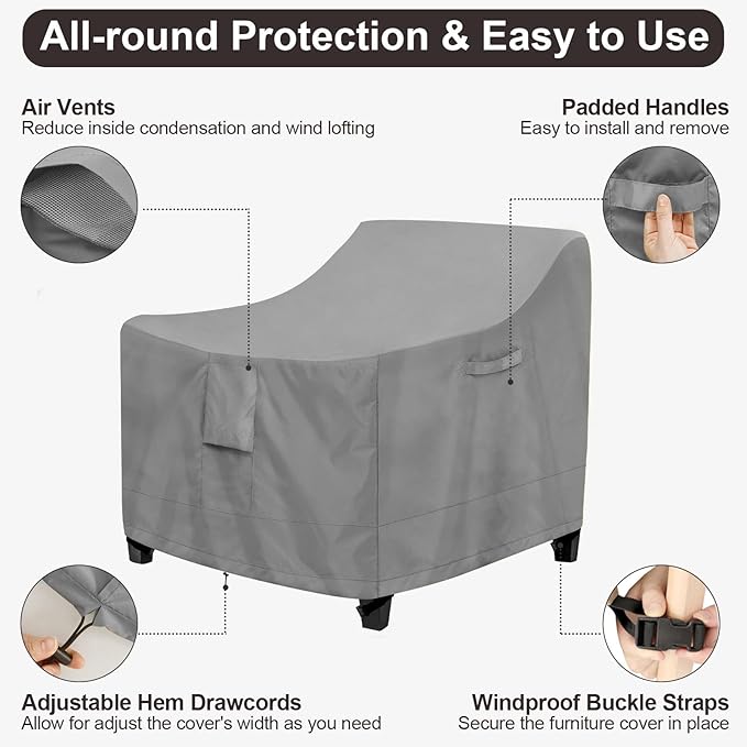 PureFit Outdoor Chair Covers Waterproof Patio Furniture Lawn Chair Covers for Outdoor Furniture with Air Vent and Padded Handles, Fits up to 30W x 37D x 31H Inches, Gray