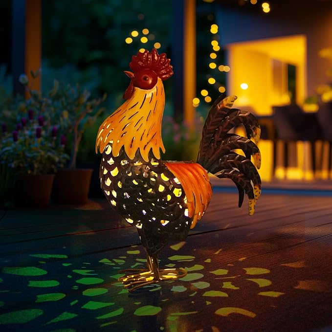 LIFFY Metal Chicken Yard Decor, 20" Solar Yard Rooster Decorations,Farm Outdoor Garden Statues, Animal Sculpture Ornaments for Backyard Patio Lawn Landscape