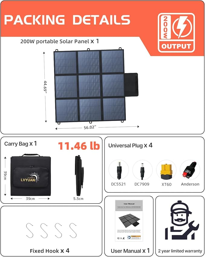 LVYUAN 200W Portable Solar Panel, 24V Foldable Blanket Solar Panel IP64 Waterproof, Upgraded 23% Efficiency for Solar Power Station Generator for Outdoor Camping with Anderson Plug, 12 Pounds