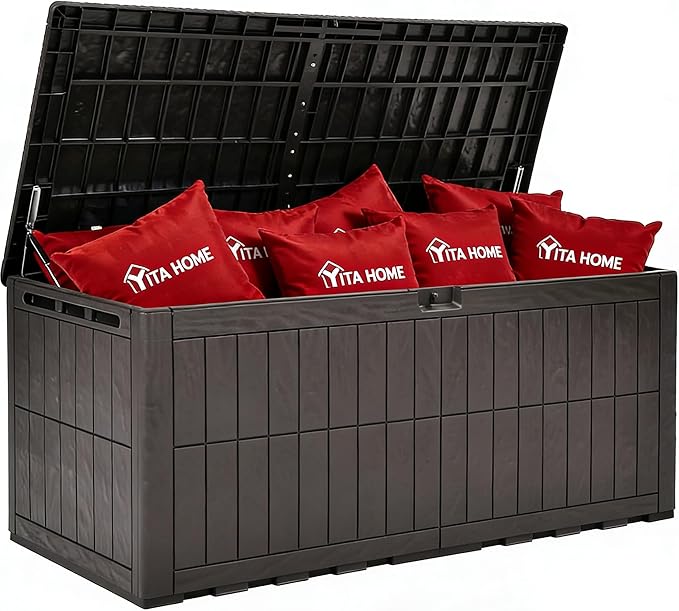YITAHOME XXL 240 Gallon Extra Large Deck Box, Waterproof Resin Outdoor Storage Box with Lock and 3-Person Bench Seating for Patio Furniture Cushions,Garden Tools & Pool Accessories, Dark Brown