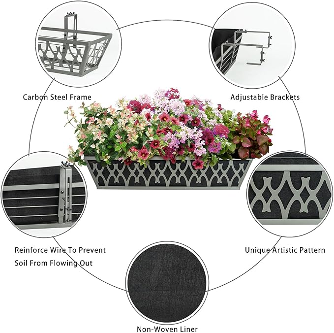 4 Pack 30 Inch Window Boxes Planters Railing Planter Box with Adjustable Brackets & Non-Woven Fabric Plant Grow Bags Deck Railing Planter Boxes Balcony Hanging Flower Box for Outdoor Plants
