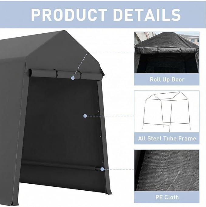 Garvee 6X8 Ft Outdoor Storage Shed, 2 Rolled Up Zipper Doors Portable Storage Shed, Waterproof Cover Vents Carports Temporary Shelter for Bike, Motorcycle, Gardening Tools, Generator, Black