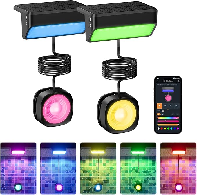 Linkind Smart Solar Pool Lights for Inground & Above Ground Pool, AI Dotis, Dual-Zone APP Control Pool Light, IP68 Waterproof Solar Power Pool Lights for Garden,Fence,Pond,2 Pack