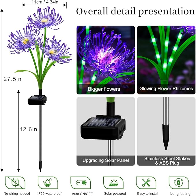 VOOKRY Solar Lights Outdoor, 8 Pack Purple Spider Lily Garden Flower Lights | 3Heads per Stem& Individual Solar Panels, Warm White LED Waterproof Yard Lawn Pathway Decor,Decorative Garden Gifts for Women