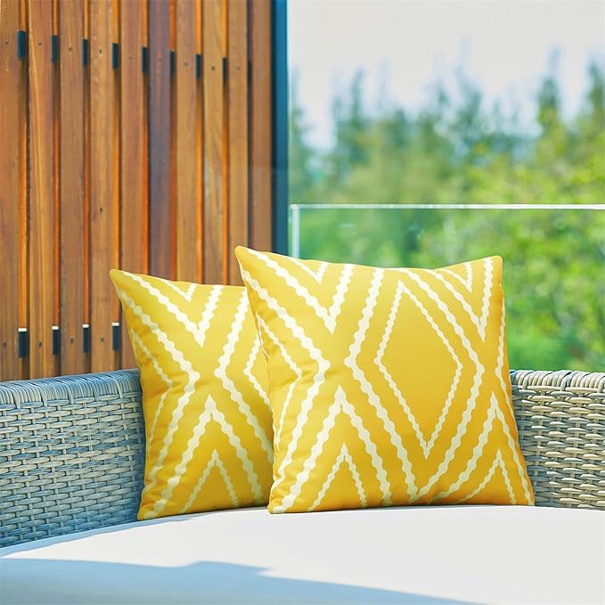 Adabana Outdoor Waterproof Throw Pillow Covers Set of 2 Boho Geometric Pillows Cover for Patio Garden 16 x 16 Inch Yellow