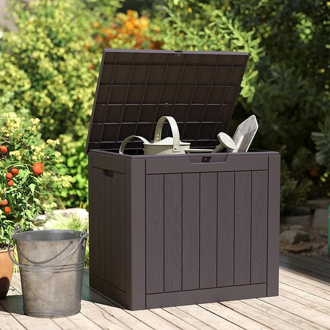 31 Gallon Capacity Deck Box, Outdoor Waterproof Resin Lockable Storage Box for Patio Cushions, Gardening Tools, Pool Accessories Container - Brown
