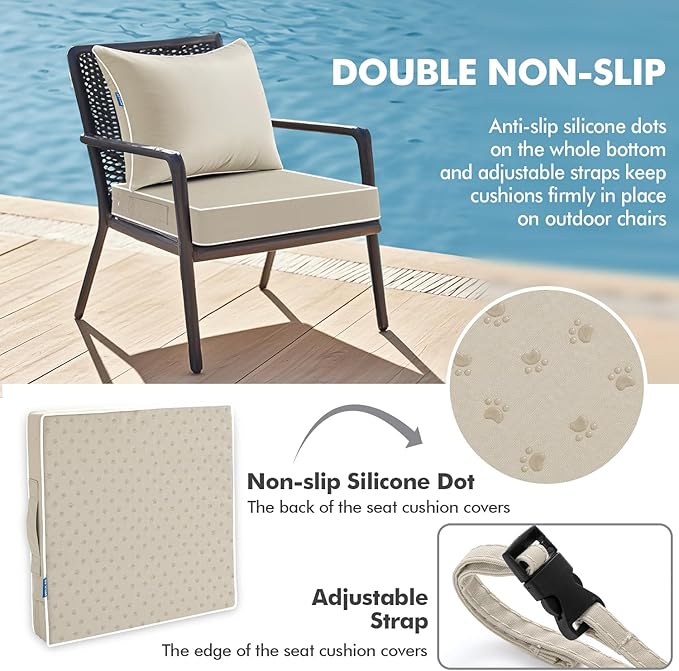 MIULEE Beige Outdoor Seat Cushion 22x24 Inch Waterproof & 3 Year Fade Resistant Deep Seat and Back Cushion for Patio Furniture Chair Sofa Couch with Handle and Adjustable Straps