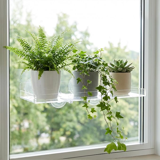 Window Plant Shelves, 2Pcs Acrylic Floating Shelf with Strong Suction Cup and Bracket, Window Sill Extender Plant Holder
