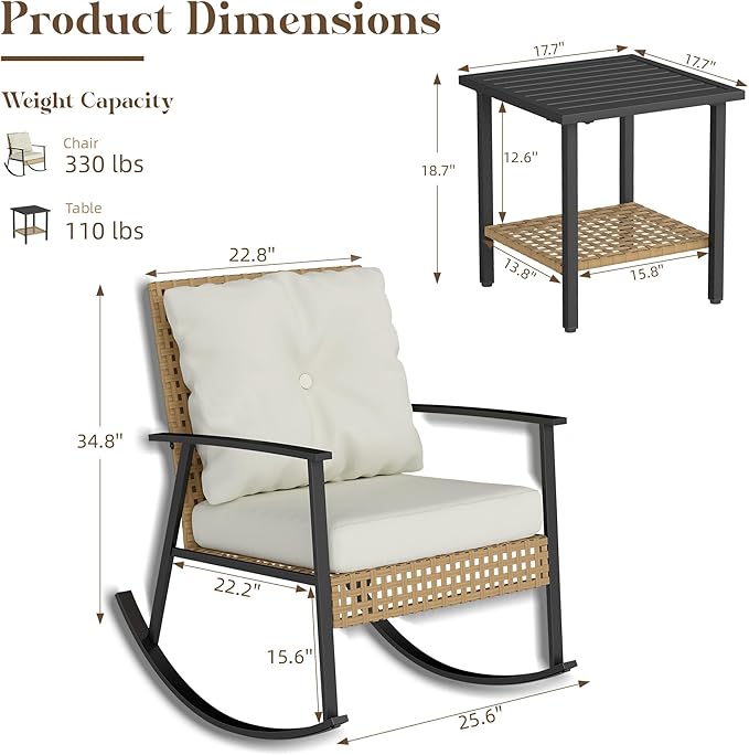 LEX CRAFT 3 Piece Outdoor Rocking Chairs, Outdoor Patio Furniture Set with Thick Cushion and Coffee Table Rattan Rocking Bistro Set for Grand Porch Balcony Garden (Beige)