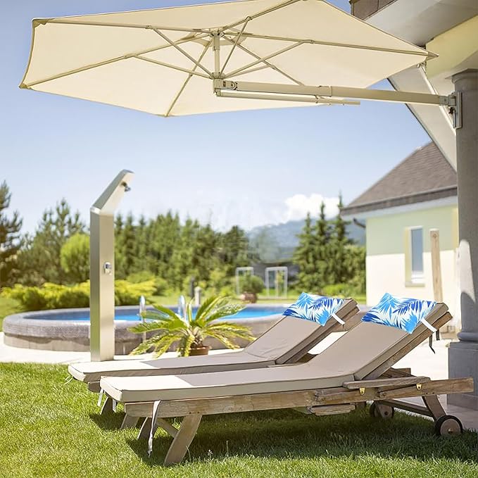 JMGBird Waterproof Chaise Lounge Pillows Set of 4-10x16 Inch White Blue Palm Leaf Outdoor Headrest Cushions with Adjustable Straps for Pool Patio Beach Chair