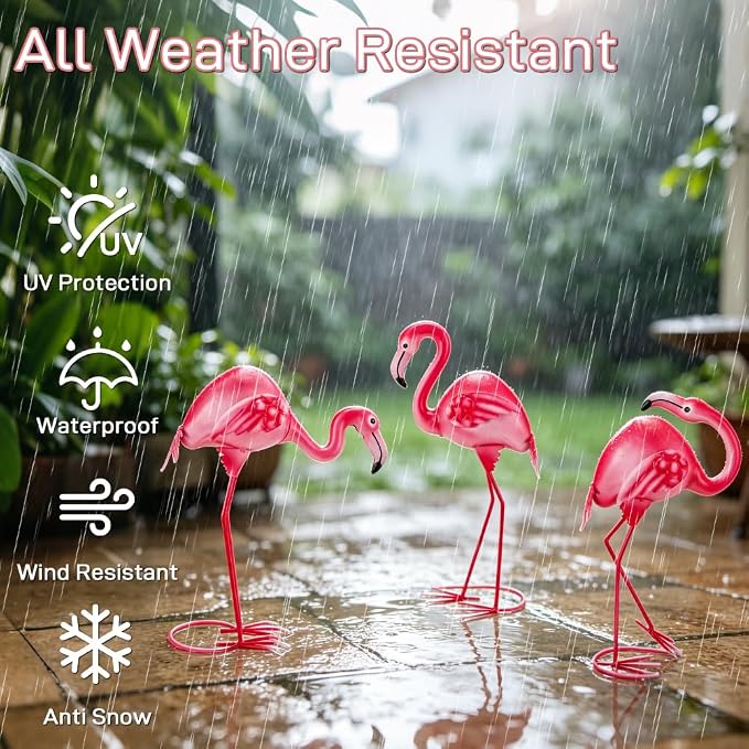 3Pcs Pink Flamingo Yard Decor 15" Metal Yard Art Outdoor Sculptures | Garden Statue Set of 3 Flamingo Birds Lawn Ornarment Tropical Décor for Outside Home Patio Porch Backyard Decorations