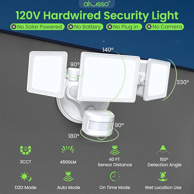 ALUSSO 2 Pack Motion Sensor Outdoor Lights Hardwired(Not Solar),40W 4500LM Flood Lights Outdoor 120V,3 Modes(Dusk to Dawn/Auto/On Time),3CCT 3000K/4000K/6500K Security Light for Garage Yard Porch,ETL