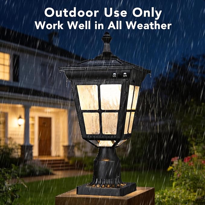 Solar Lamp Post Light, Cast Aluminium Waterproof LED with Glass Outdoor Dusk to Dawn Solar Post Light ST4311AQ for Pier Mount Pillar Gates Garden Pole Column Yard Path Driveway (Black, Lamp)