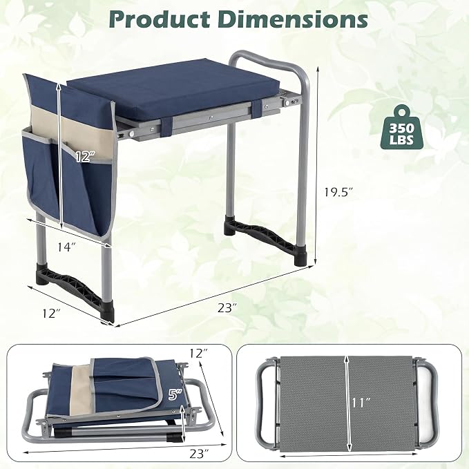 2-in-1 Garden Kneeler and Seat, Folding Garden Seat w/EVA Foam Kneeling Pad & Removable Tools Pouch, Sturdy Steel Frame, No Assembly, Portable Heavy Duty Garden Stool for Women Men Seniors